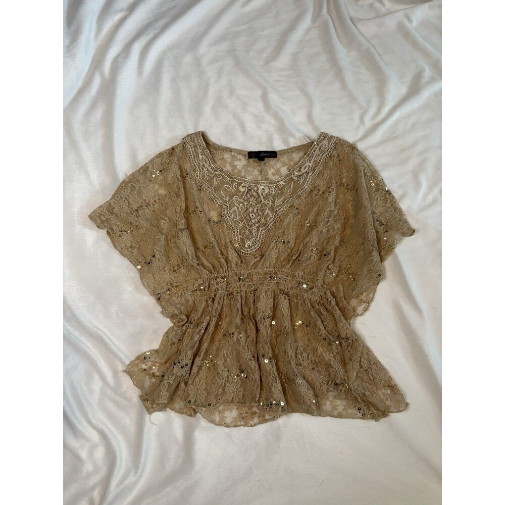 HeartSoul Women's XS Y2K Beige Floral Lace Sequin Short Sleeve Pullover Blouse